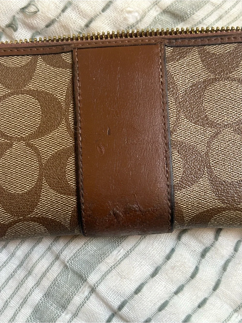 Coach Brown Signature Zip-Around Wallet with Leather Trim